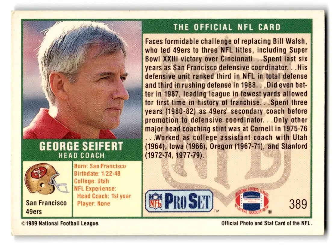 1989 Pro Set #389 George Seifert - Football Card Single
