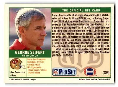 NFL Pro Set trading card of 49ers coach George Seifert from 1989 Pro Set collection