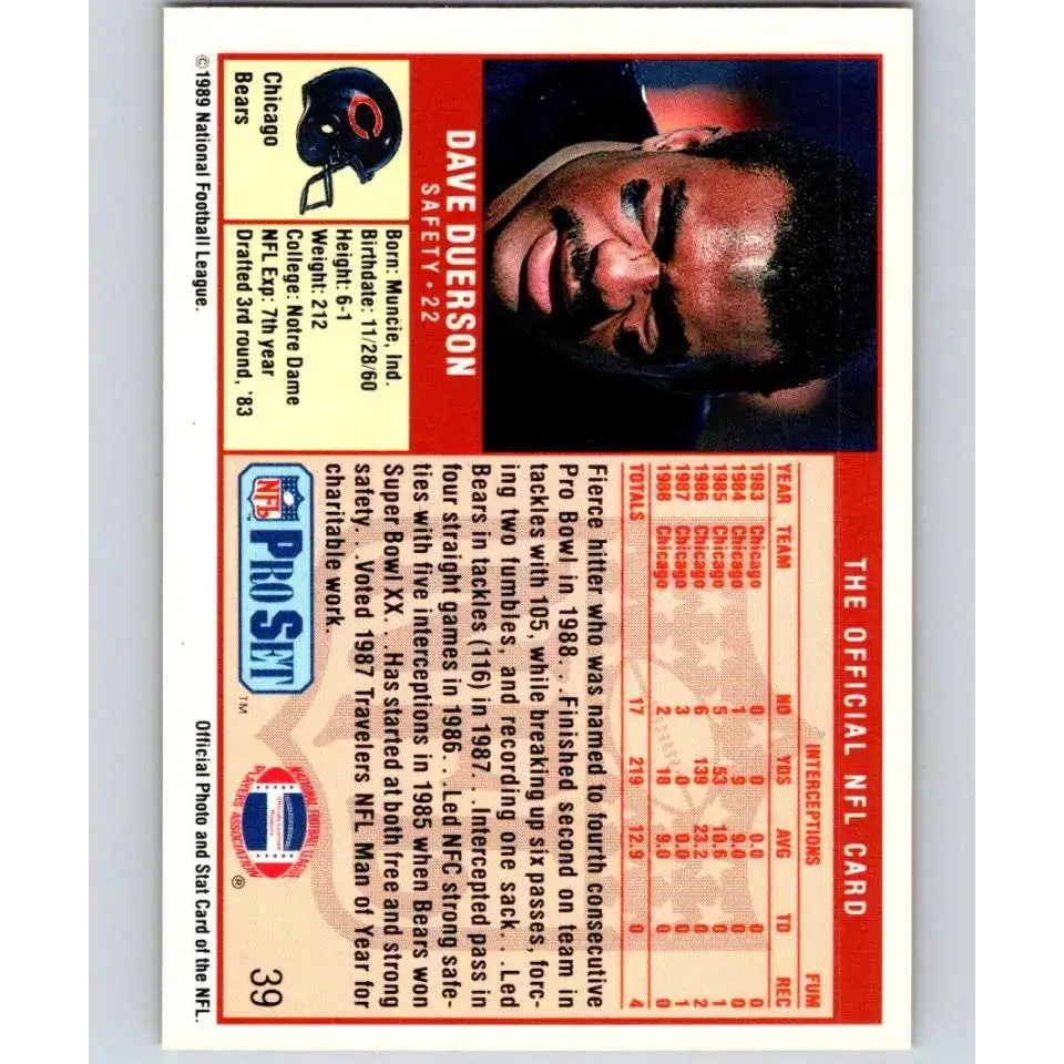 1989 Pro Set #39 Dave Duerson NM-MT Chicago Bears Football Card - Football Card Single