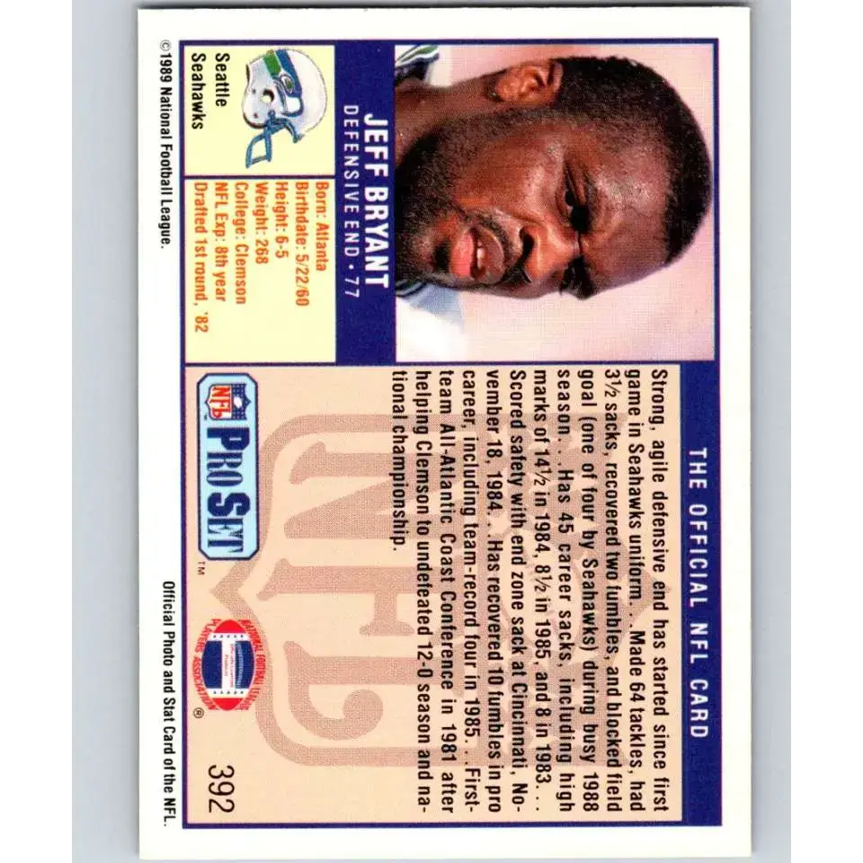1989 Pro Set #392 Jeff Bryant NM-MT Seattle Seahawks Football Card - Football Card Single