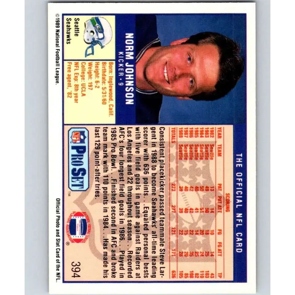 1989 Pro Set #394 Norm Johnson NM-MT Seattle Seahawks Football Card