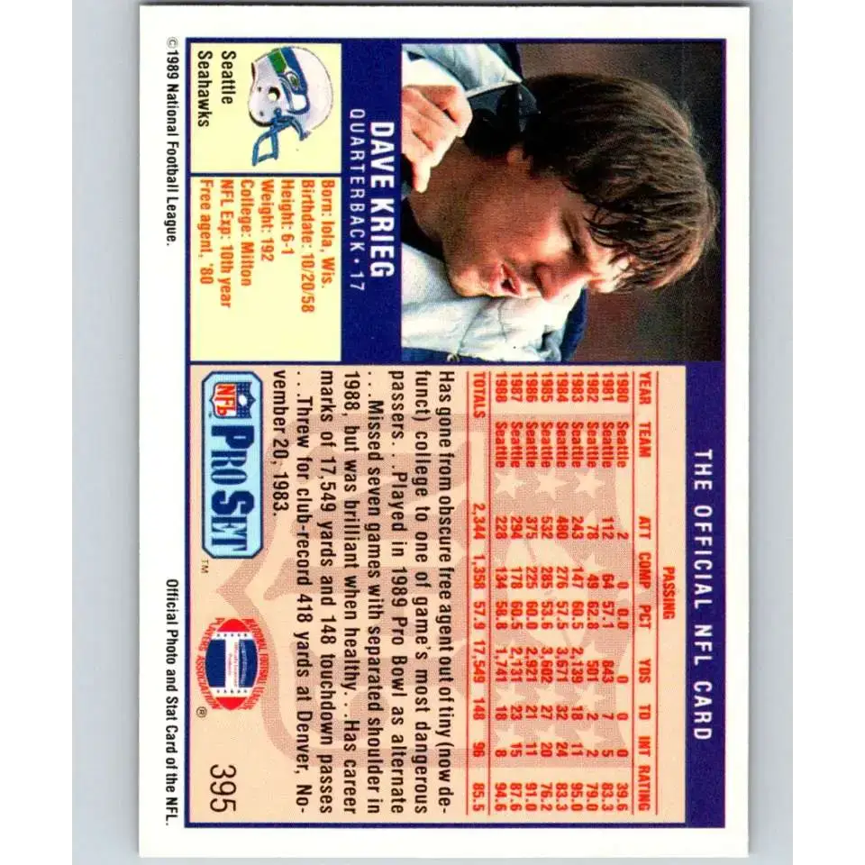 1989 Pro Set #395 Dave Krieg NM-MT Seattle Seahawks Football Card - Football Card Single
