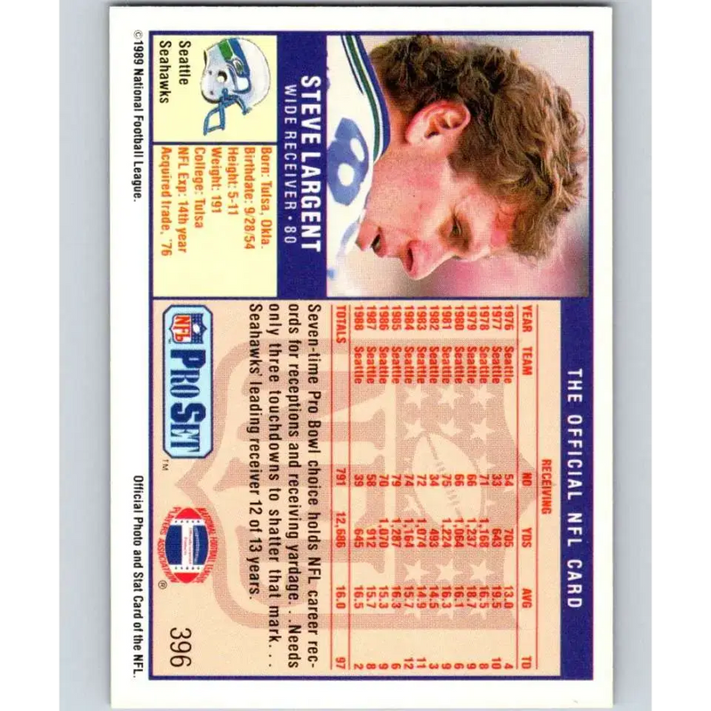 1989 Pro Set #396 Steve Largent NM-MT Seattle Seahawks Football Card - Football Card Single