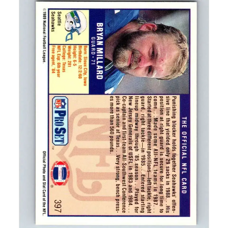 1989 Pro Set #397 Bryan Millard NM-MT RC Rookie Seattle Seahawks Football Card - Football Card Single