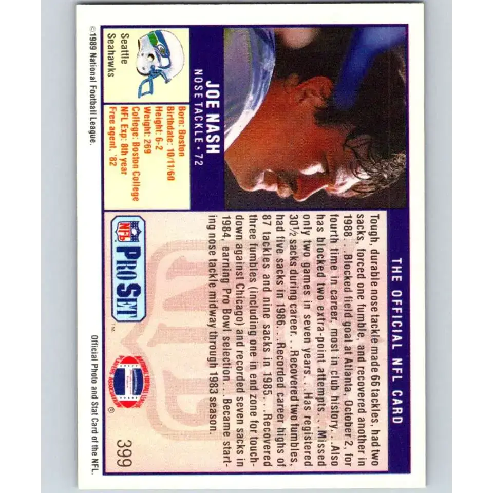 1989 Pro Set #399 Joe Nash NM-MT Seattle Seahawks Football Card - Football Card Single