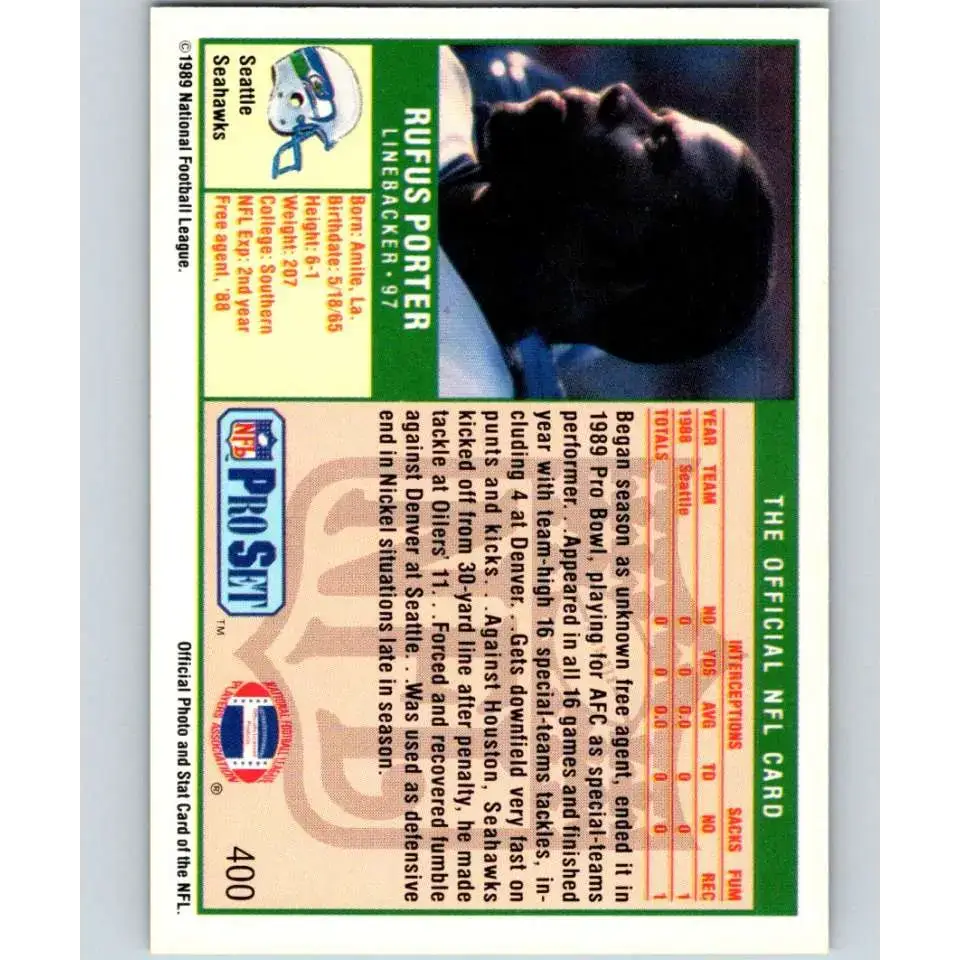 1989 Pro Set #400 Rufus Porter NM-MT RC Rookie Seattle Seahawks Football Card - Football Card Single
