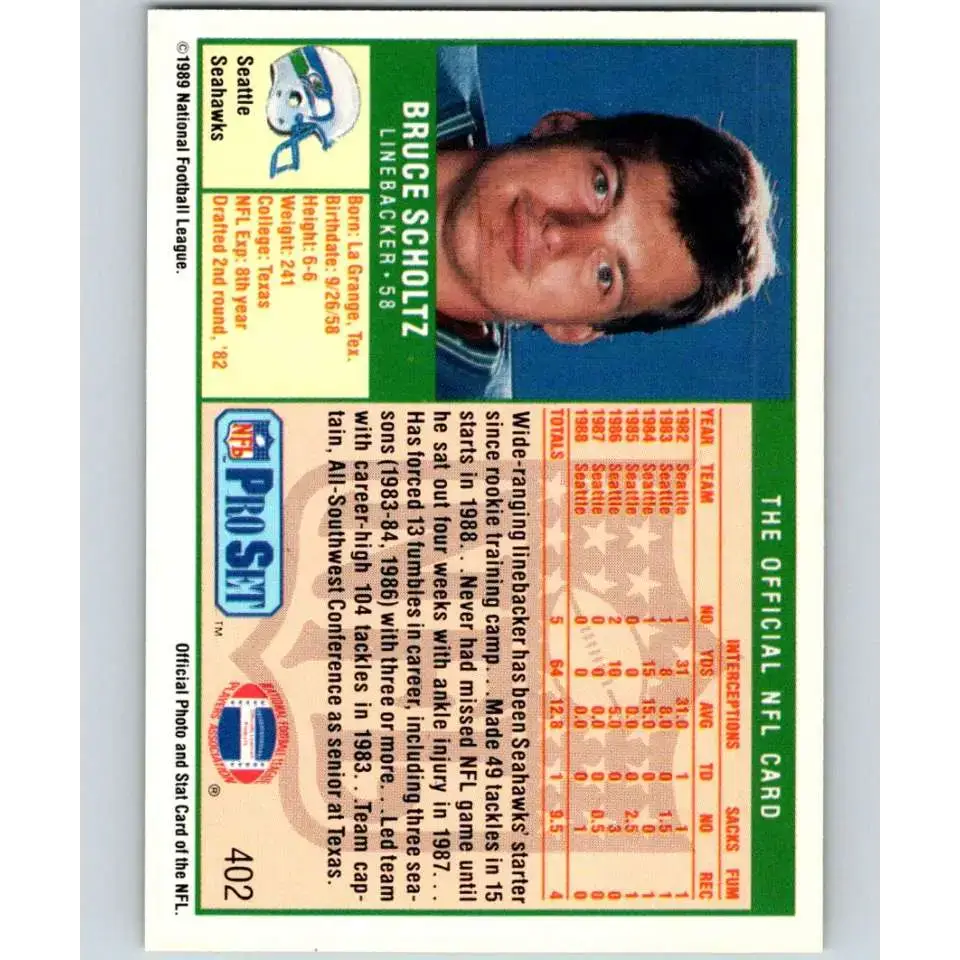 1989 Pro Set #402 Bruce Scholtz NM-MT Seattle Seahawks Football Card - Football Card Single