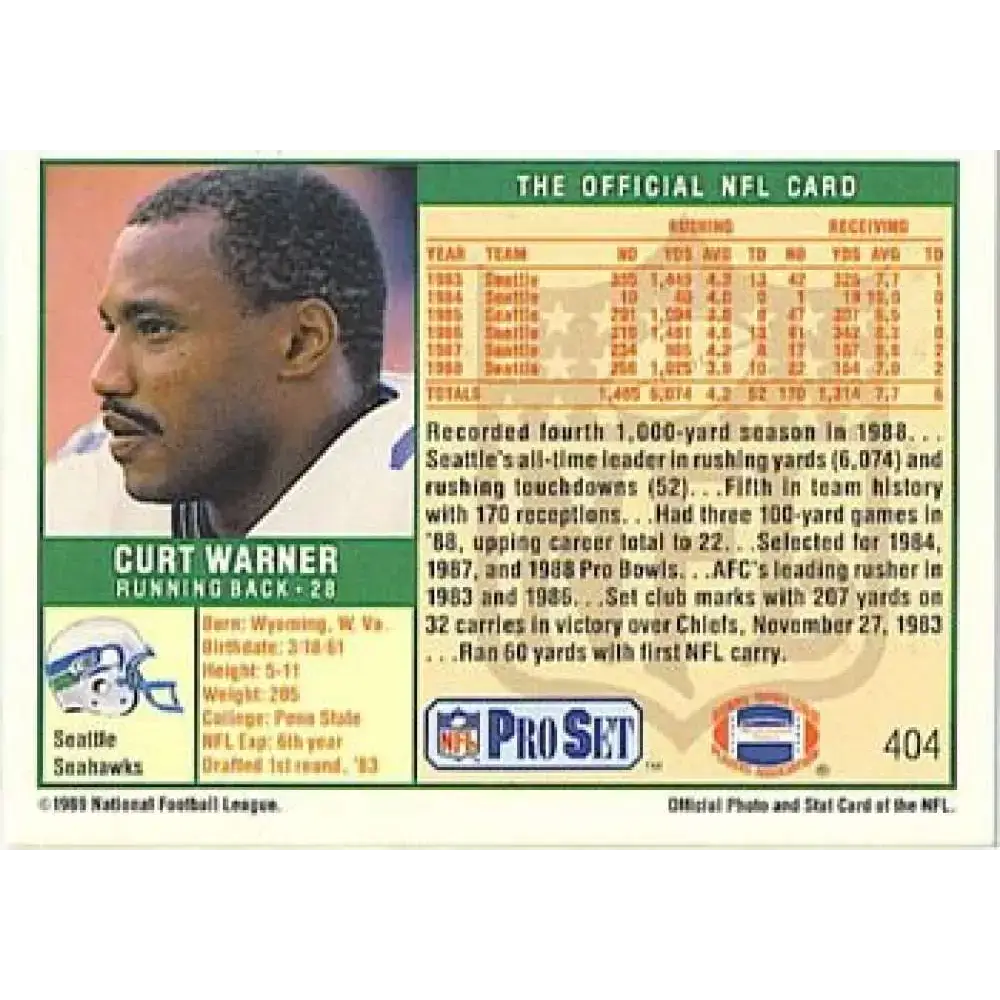 1989 Pro Set #404b Curt Warner NM-MT Seattle Seahawks Football Card - Football Card Single