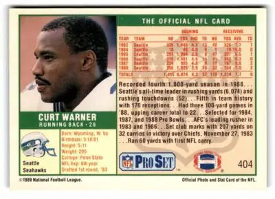 Vintage football trading card featuring Curt Warner from 1989 Pro Set #404b