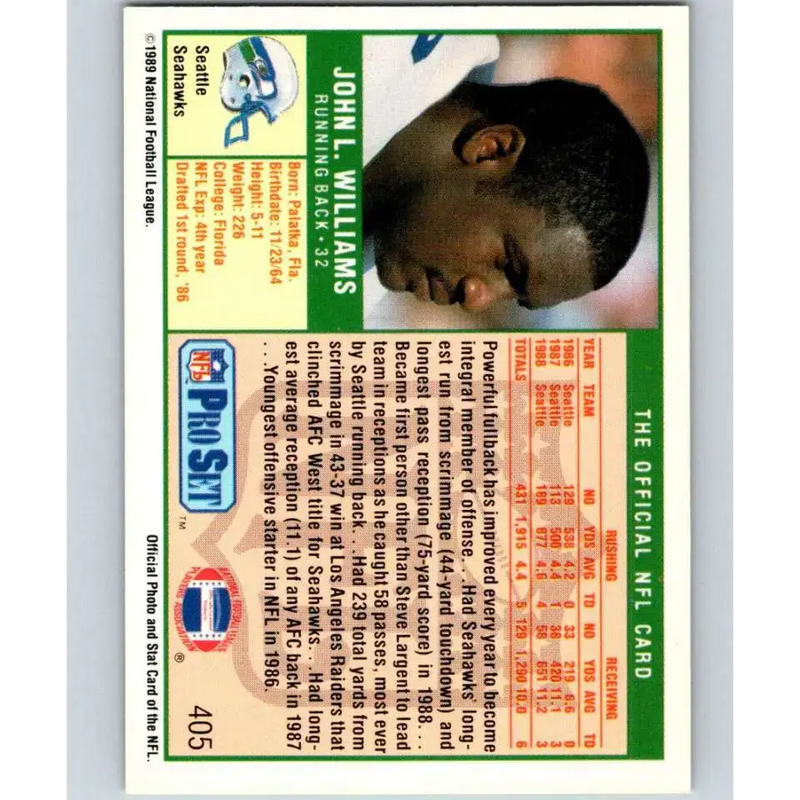 1989 Pro Set #405 John Williams NM-MT Seattle Seahawks Football Card - Football Card Single