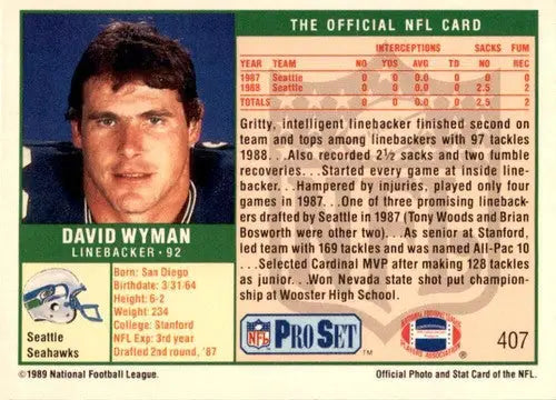 1989 Pro Set David Wyman football card with original gloss front detail