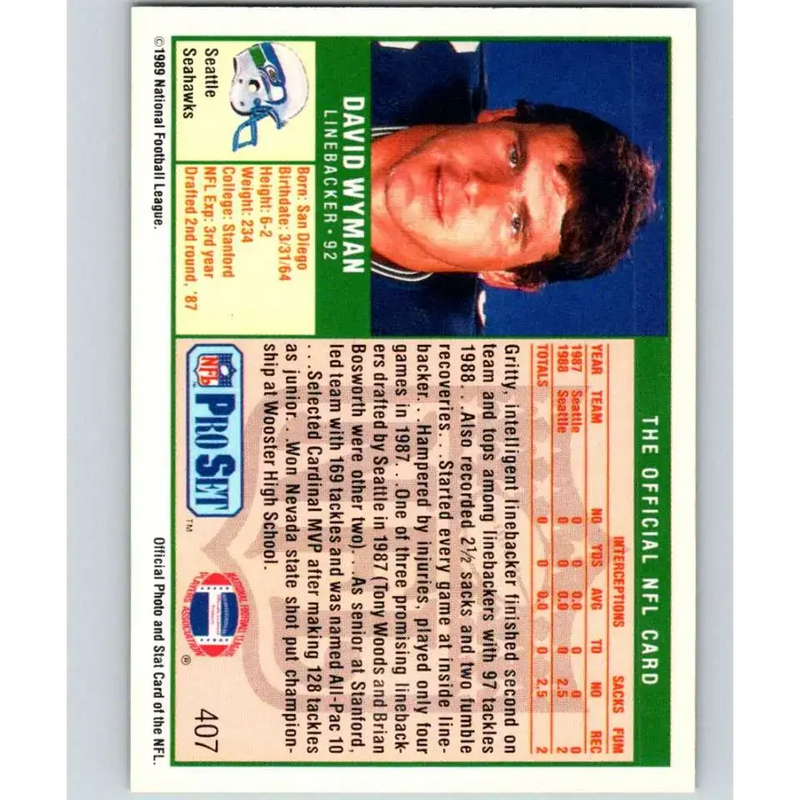 1989 Pro Set #407 David Wyman NM-MT Seattle Seahawks Football Card - Football Card Single