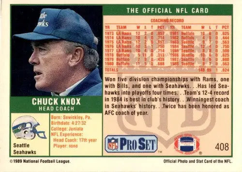 Original gloss Chuck Knox football card from Pro Set 1989 product displayed