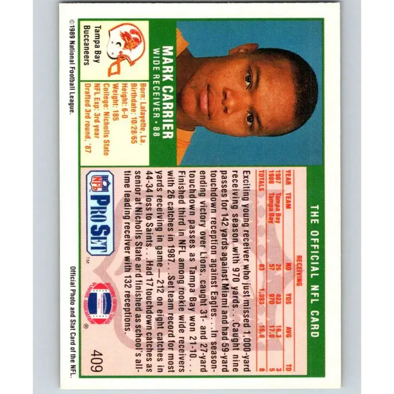 1989 Pro Set #409 Mark Carrier NM-MT RC Rookie Tampa Bay Buccaneers Football Card - Football Card Single