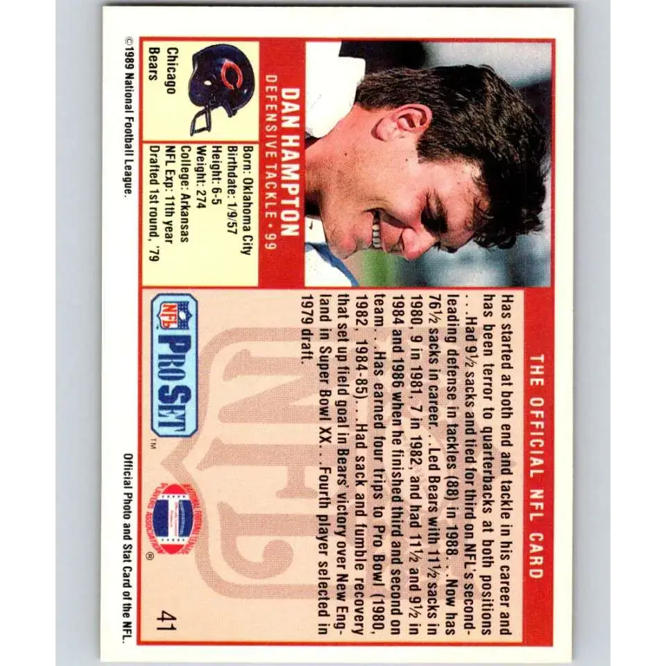 1989 Pro Set #41 Dan Hampton NM-MT Chicago Bears Football Card - Football Card Single