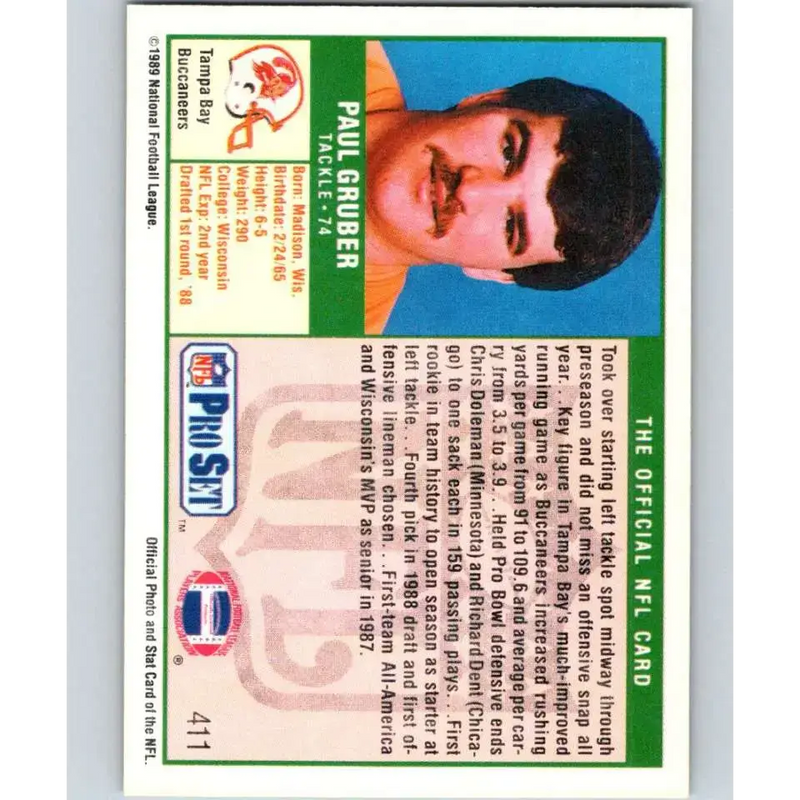 1989 Pro Set #411 Paul Gruber NM-MT RC Rookie Tampa Bay Buccaneers Football Card - Football Card Single