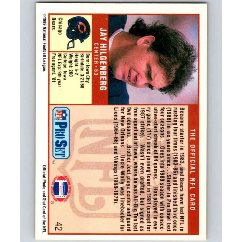 1989 Pro Set #42 Jay Hilgenberg NM-MT Chicago Bears Football Card - Football Card Single