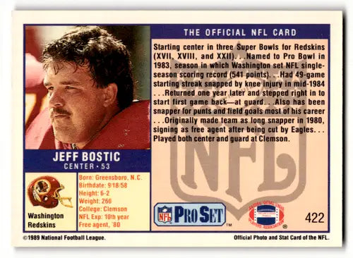 1989 Pro Set Jeff Bostic football card with original gloss and Near Mint condition