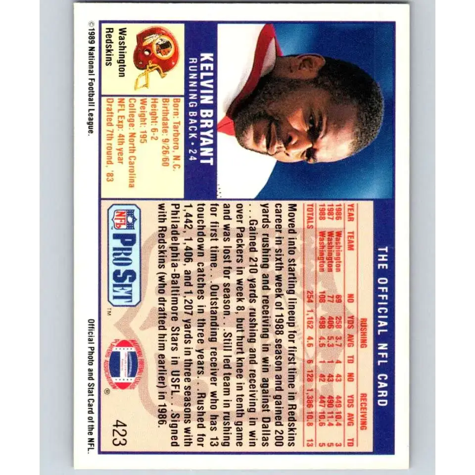 1989 Pro Set #423 Kelvin Bryant NM-MT Washington Redskins Football Card - Football Card Single