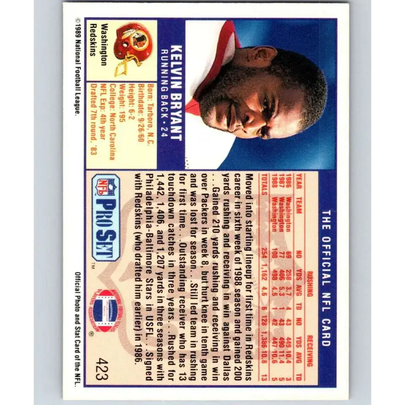 1989 Pro Set #423 Kelvin Bryant NM-MT Washington Redskins Football Card - Football Card Single