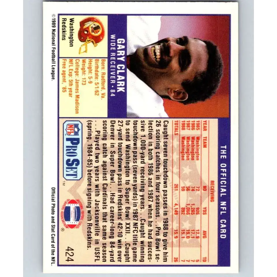 1989 Pro Set #424 Gary Clark NM-MT Washington Redskins Football Card