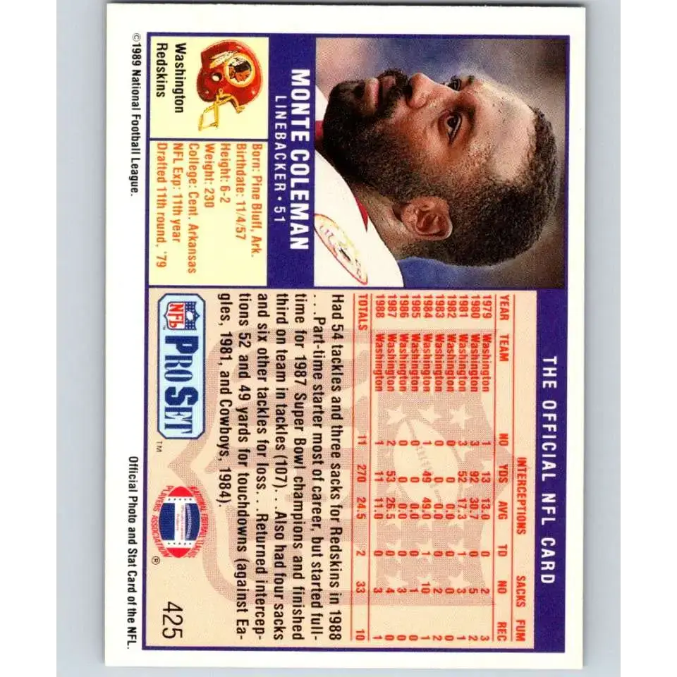 1989 Pro Set #425 Monte Coleman NM-MT Washington Redskins Football Card - Football Card Single