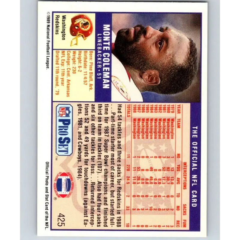 1989 Pro Set #425 Monte Coleman NM-MT Washington Redskins Football Card - Football Card Single