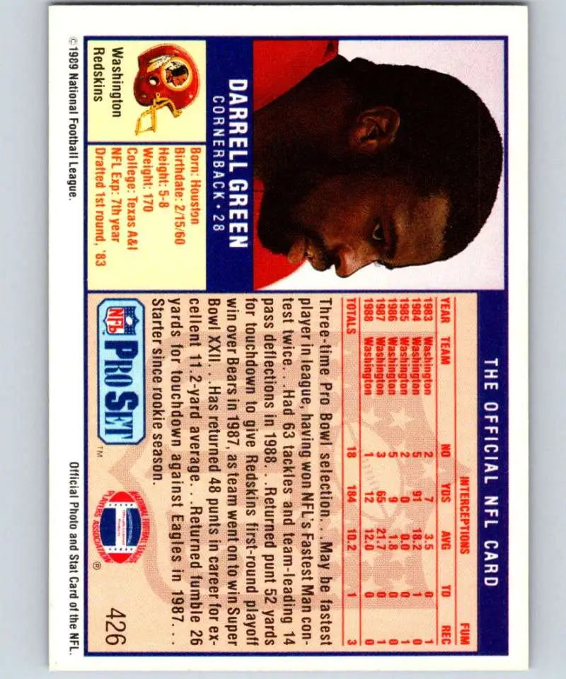 1989 Pro Set #426 Darrell Green EX Excellent Washington Redskins Football Card - Football Card Single