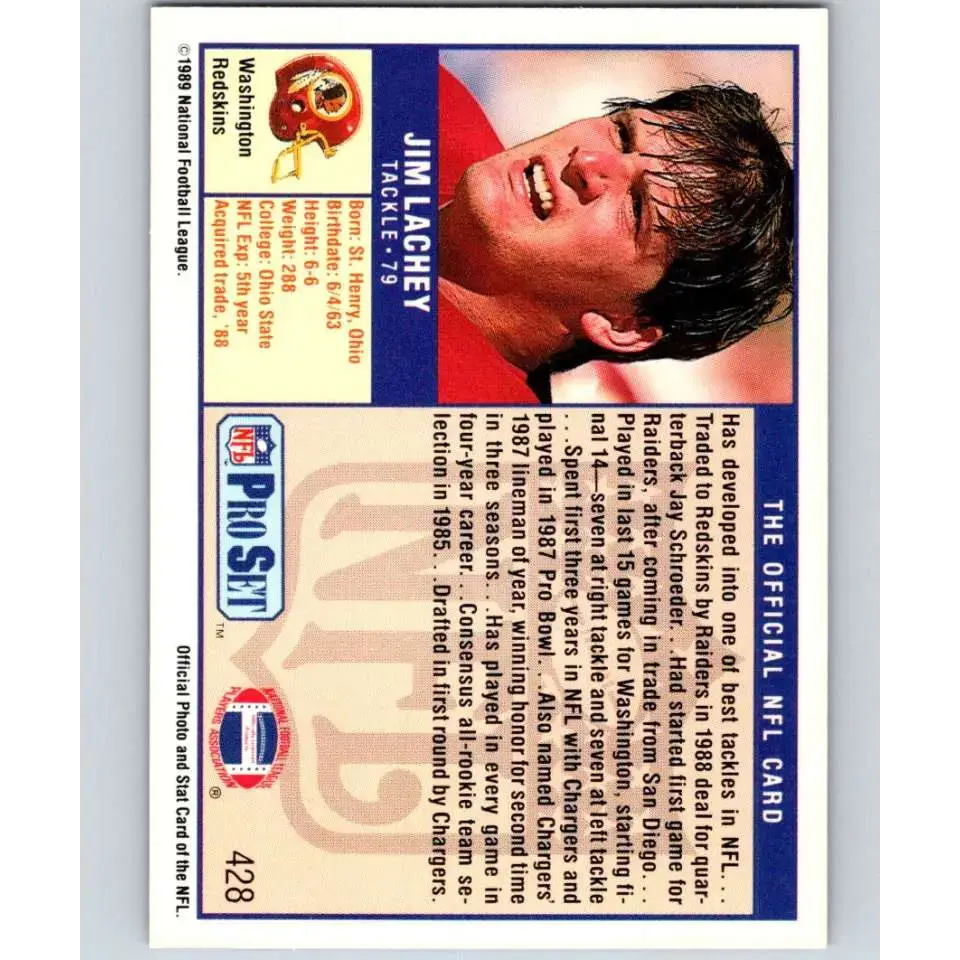 1989 Pro Set #428 Jim Lachey NM-MT Washington Redskins Football Card - Football Card Single