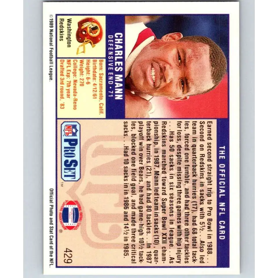 1989 Pro Set #429 Charles Mann NM-MT Washington Redskins Football Card - Football Card Single