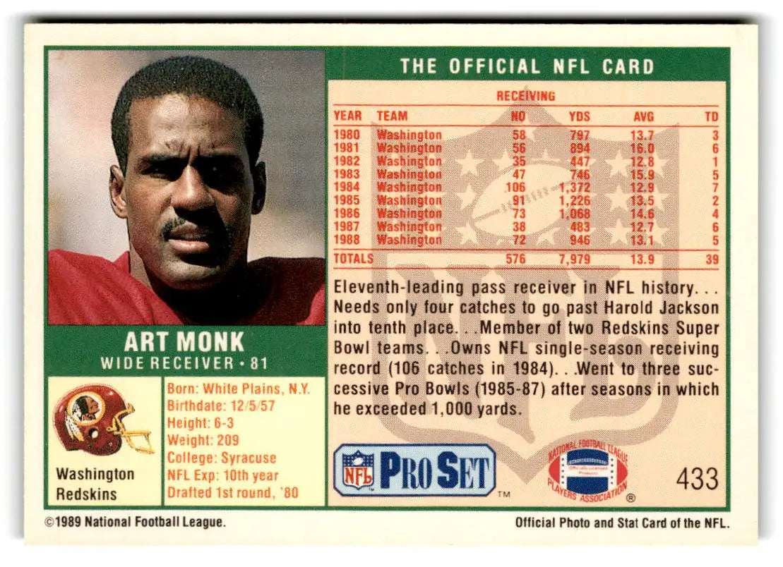 1989 Pro Set #433 Art Monk - Football Card Single