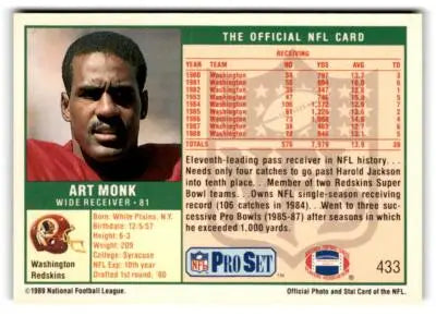 Vintage 1989 Pro Set Art Monk football trading card featuring Washington Redskins player