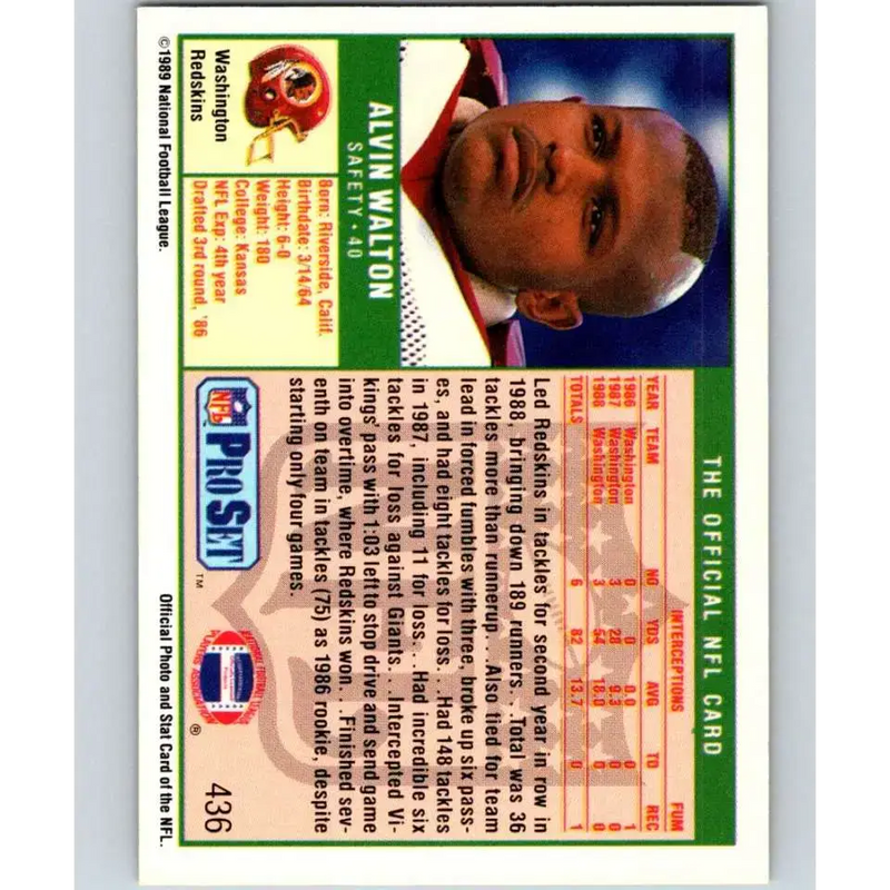 1989 Pro Set #436 Alvin Walton NM-MT RC Rookie Washington Redskins Football Card - Football Card Single