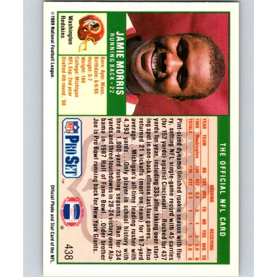 1989 Pro Set #438 Jamie Morris NM-MT RC Rookie Washington Redskins Football Card - Football Card Single