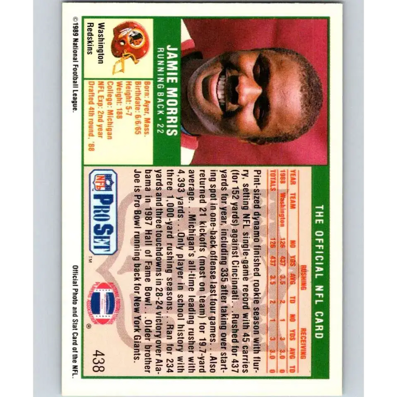 1989 Pro Set #438 Jamie Morris NM-MT RC Rookie Washington Redskins Football Card - Football Card Single