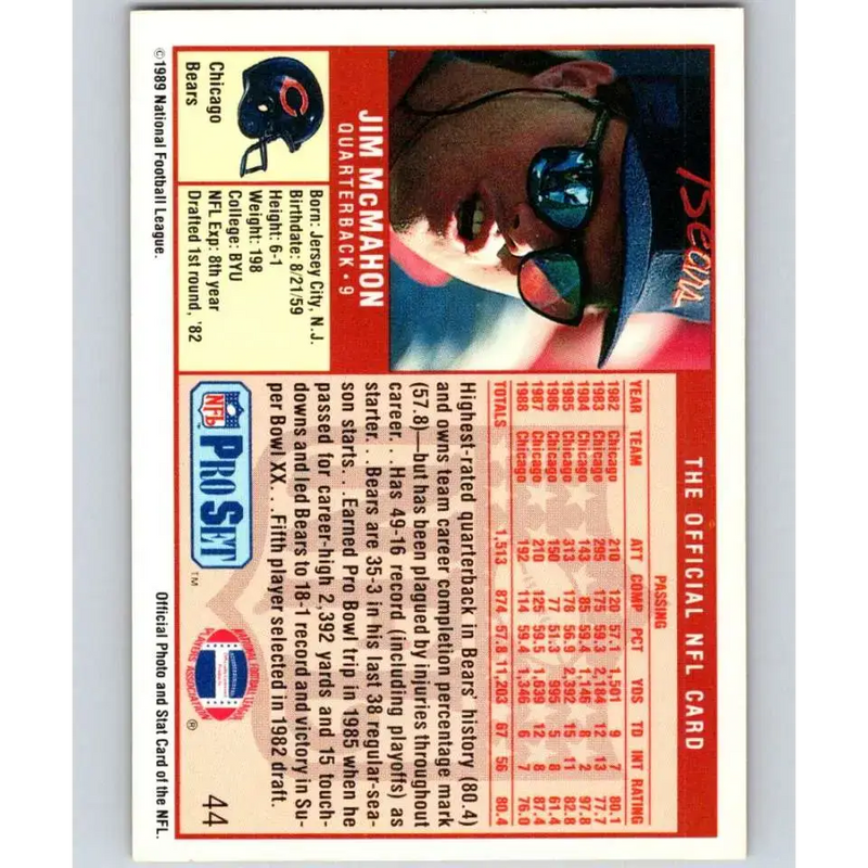 1989 Pro Set #44 Jim McMahon NM-MT Chicago Bears Football Card - Football Card Single
