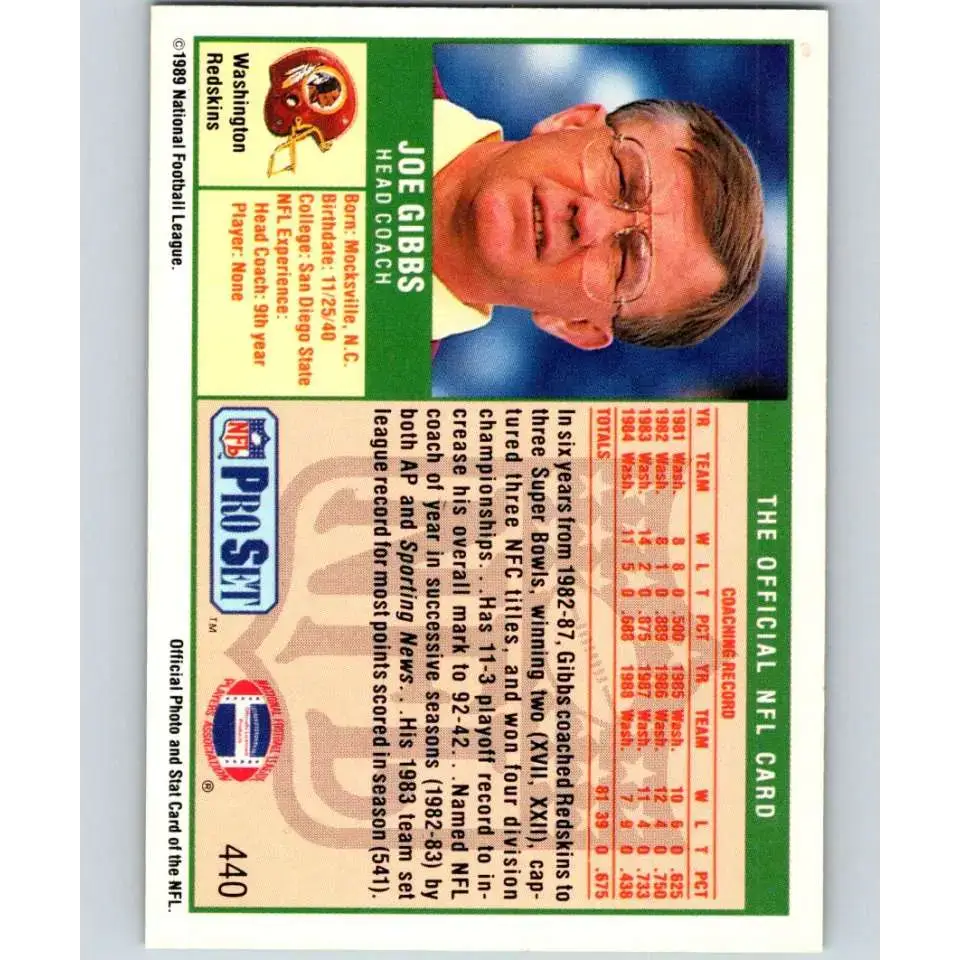 1989 Pro Set #440 Joe Gibbs/ NM-MT RC Rookie Washington Redskins Football Card - Football Card Single