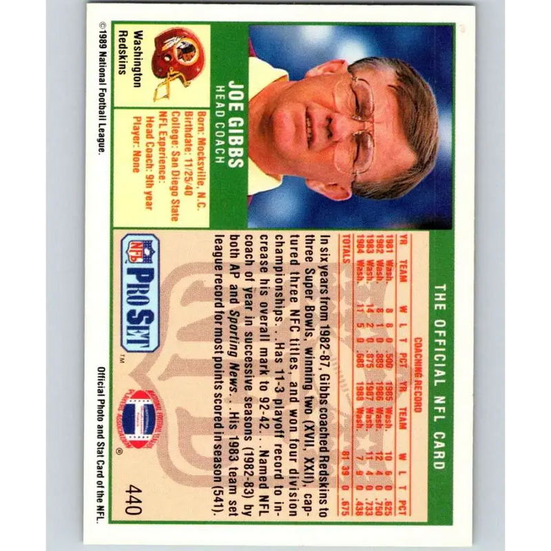 1989 Pro Set #440 Joe Gibbs/ NM-MT RC Rookie Washington Redskins Football Card - Football Card Single