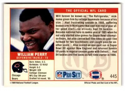 Vintage 1989 Pro Set William Perry Chicago Bears football card featuring The Refrigerator
