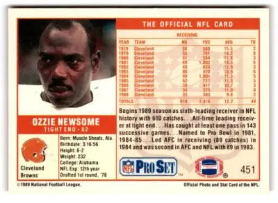 1989 Pro Set Ozzie Newsome football card with career stats and highlights from Cleveland Browns