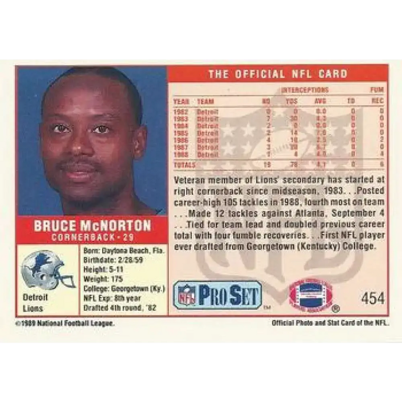 1989 Pro Set #454 Bruce McNorton NM-MT Detroit Lions Football Card - Football Card Single