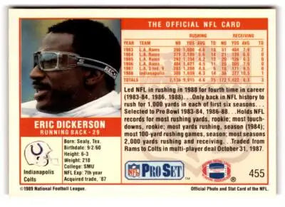 Vintage 1989 Pro Set NFL football card featuring Eric Dickerson, Pro Set Eric collectible