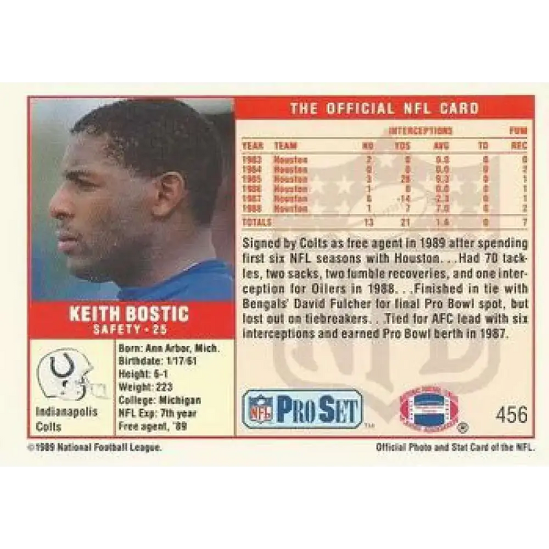 1989 Pro Set #456 Keith Bostic NM-MT Indianapolis Colts Football Card - Football Card Single