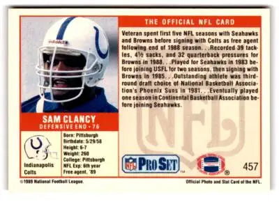Back of a Sam Clancy 1989 Pro Set football card showing player details