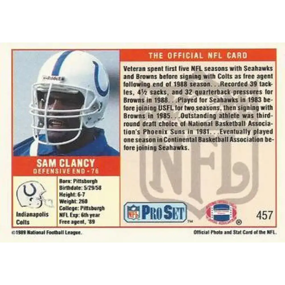 1989 Pro Set #457 Sam Clancy NM-MT RC Rookie Indianapolis Colts Football Card - Football Card Single