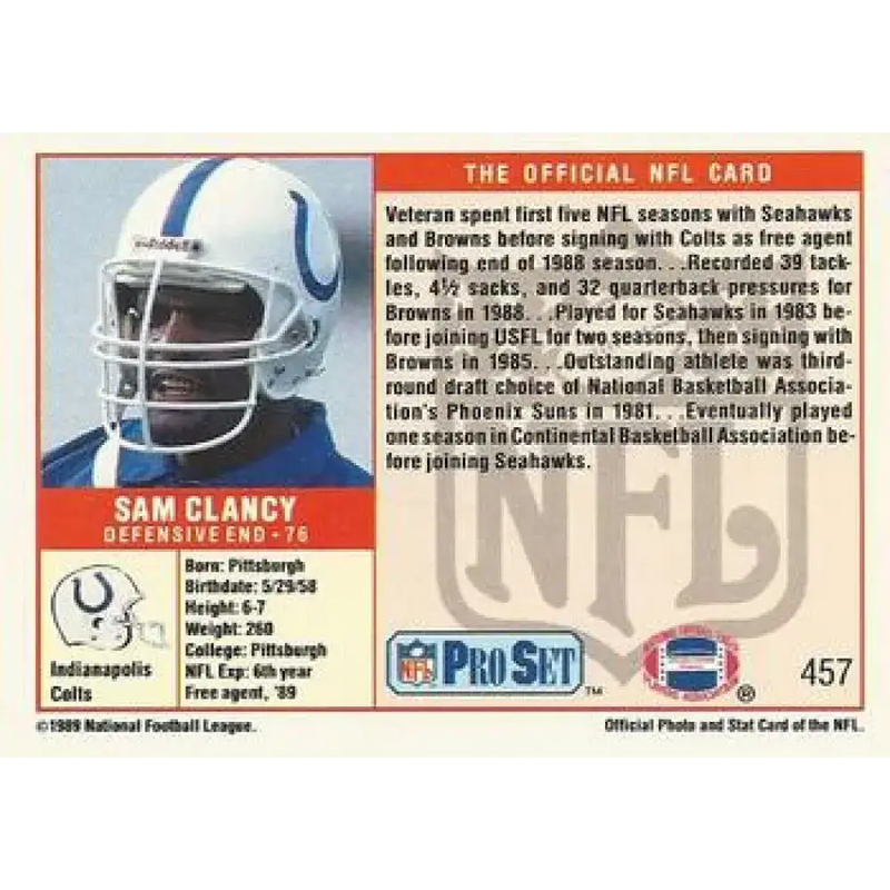 1989 Pro Set #457 Sam Clancy NM-MT RC Rookie Indianapolis Colts Football Card - Football Card Single