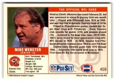 Vintage Mike Webster football trading card from 1989 Pro Set featuring Kansas City Chiefs