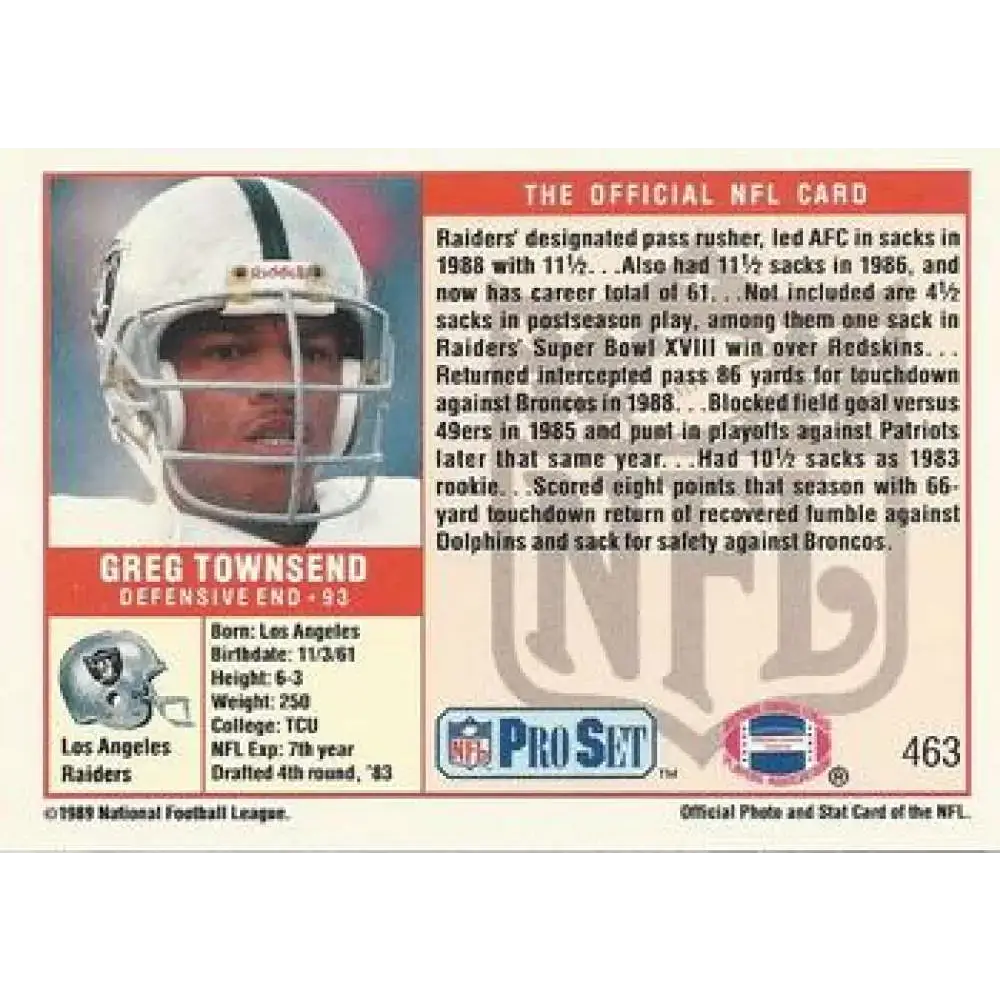 1989 Pro Set #463 Greg Townsend NM-MT Los Angeles Raiders Football Card - Football Card Single