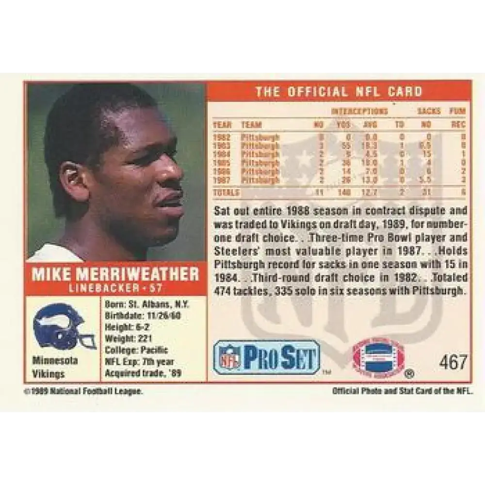 1989 Pro Set #467 Mike Merriweather NM-MT Minnesota Vikings Football Card - Football Card Single