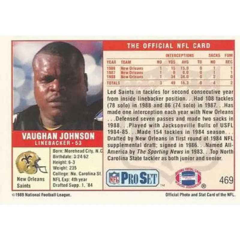 1989 Pro Set #469 Vaughan Johnson NM-MT RC Rookie New Orleans Saints Football Card - Football Card Single
